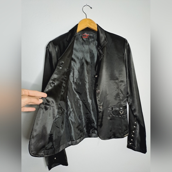 Jacket, black, rhinestones, jewel buttons, three buttons, shiny fabric - Picture 4 of 10